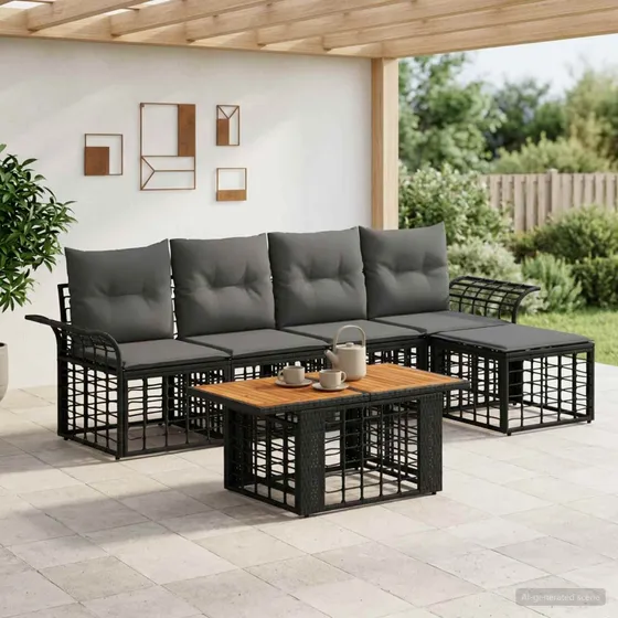 vidaXL Havesofa Sæt 6 stk. Sort og Mørkegrå Polyrattan