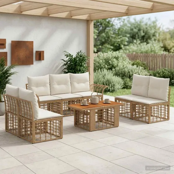 vidaXL Havesofa Sæt 8 stk. i Polyrattan - Naturlig & Creme Hvid