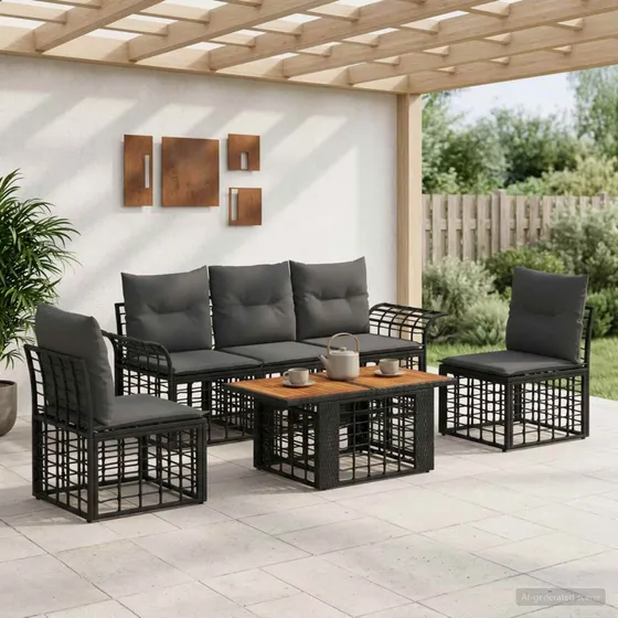 vidaXL Havesofa Sæt 6 stk. Sort og Mørkegrå Polyrattan