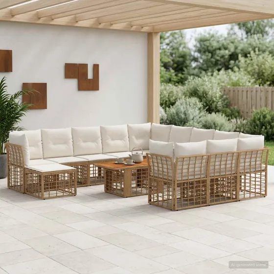 vidaXL Havesofasæt 13 dele i polyrattan, naturlig/cremehvid