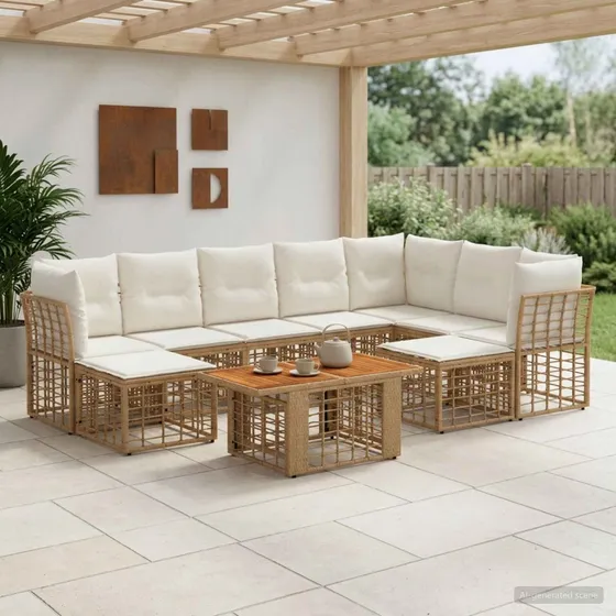 vidaXL Havesofasæt 10 dele i polyrattan, naturlig/cremehvid