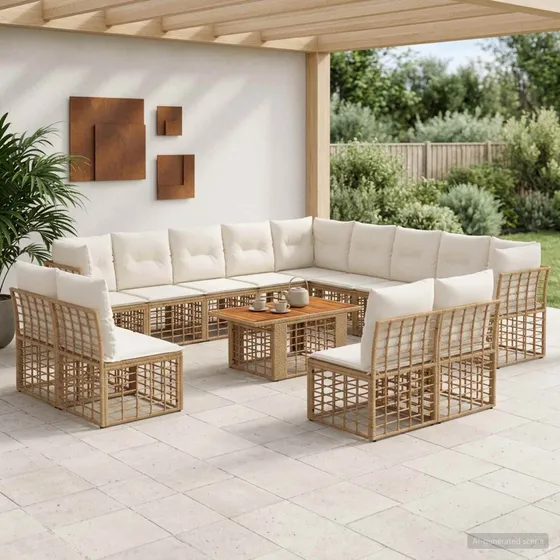 vidaXL Havesofasæt 14 stk. i Polyrattan - Naturlig/Creme Hvid