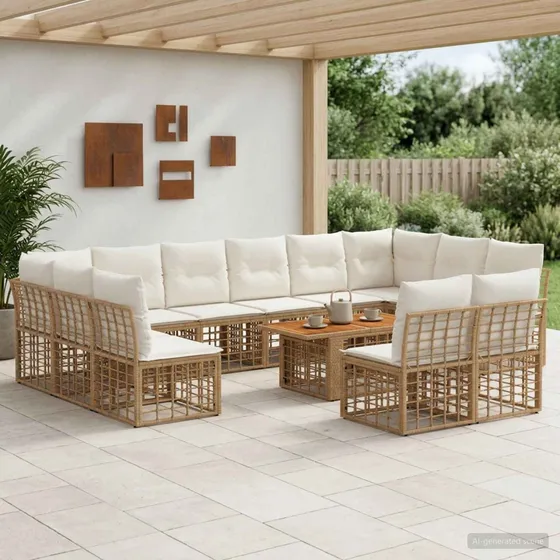 vidaXL Havesofasæt 13 dele i polyrattan - Naturlig & Creme Hvid