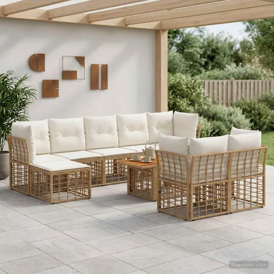 vidaXL Havesofasæt 10 dele i polyrattan, naturlig/cremehvid