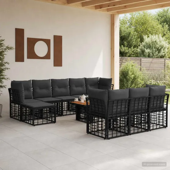 vidaXL Havesofa Sæt 11 stk. Sort og Mørkegrå Polyrattan