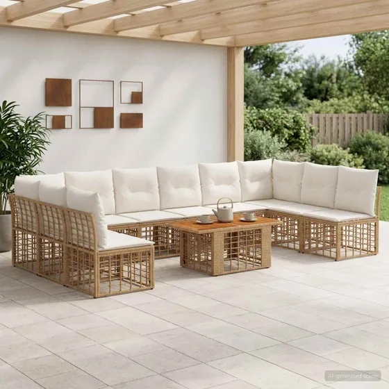 vidaXL Havesofasæt 11 stk. i Polyrattan - Naturlig & Cremehvid
