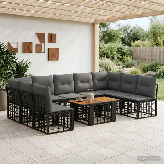 vidaXL Havesofasæt 10 dele i polyrattan, sort og mørkegrå