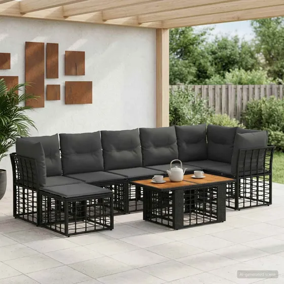 vidaXL Havesofasæt 8 dele i sort polyrattan og mørkegrå hynder