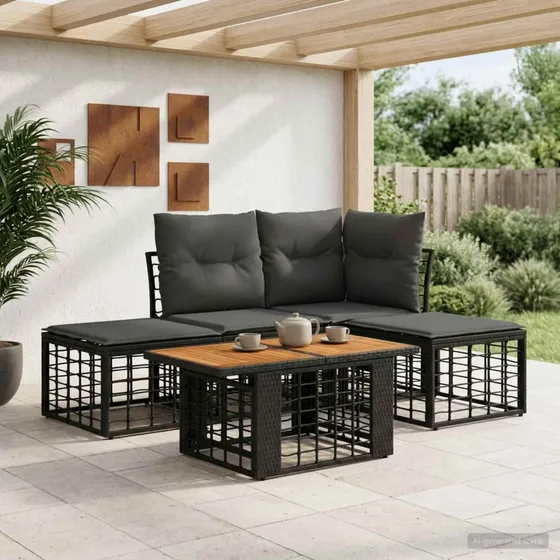 vidaXL Havesofa Sæt 5 stk. Sort og Mørkegrå Polyrattan