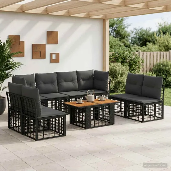 vidaXL Havesofa Sæt 9 stk. Sort og Mørkegrå Polyrattan