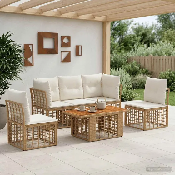 vidaXL Havesofa Sæt 6 stk. Polyrattan i Natur og Creme Hvid