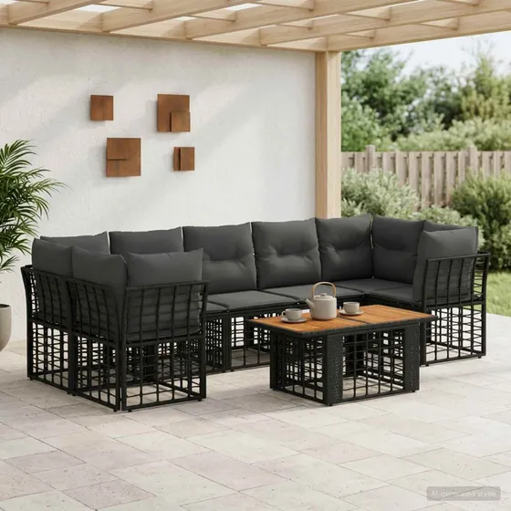 vidaXL Havesofasæt 8 dele i sort og mørkegrå polyrattan