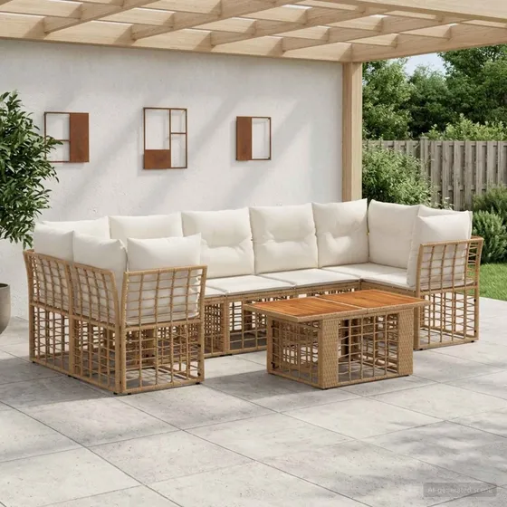 vidaXL Havesofasæt 8 dele i polyrattan, Natur/Creme Hvid