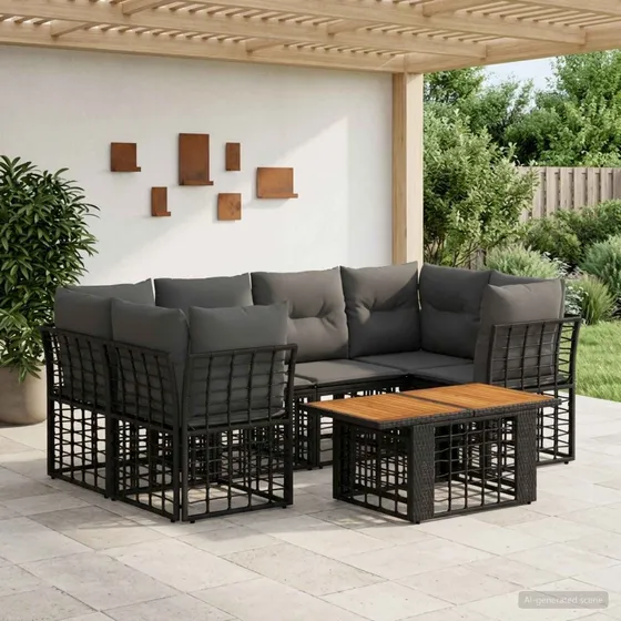 vidaXL Havesofa Sæt 7 stk. Sort og Mørkegrå Polyrattan