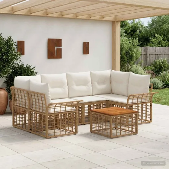 vidaXL Udendørs sofagruppe 7 stk. i polyrattan, Naturlig/Creme