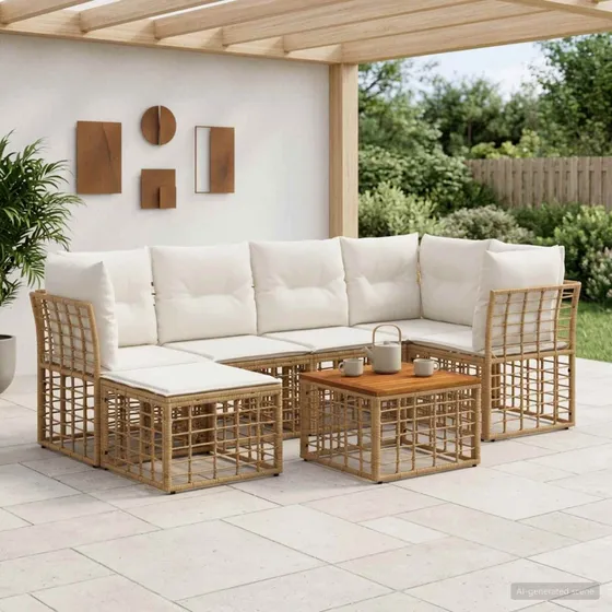 vidaXL Udendørs sofagruppe 7 stk. i polyrattan, Naturlig/Creme Hvid