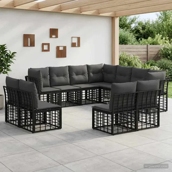 vidaXL Udendørs sofagruppe i sort polyrattan med polyesterpuder