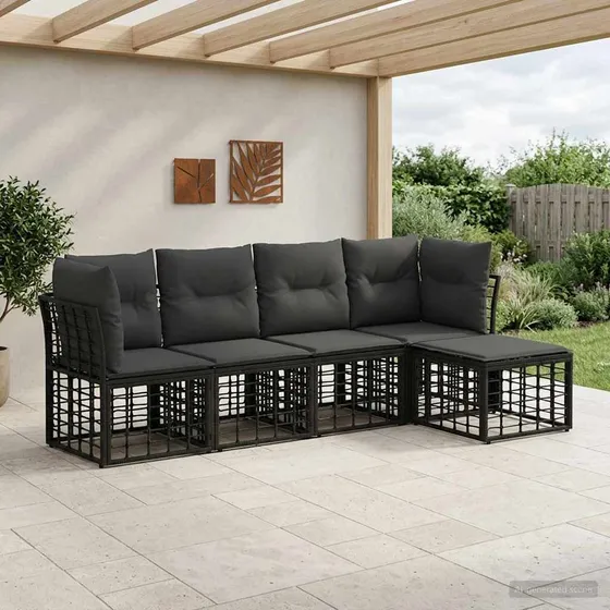 vidaXL Udendørs sofagruppe i sort poly rattan med puder