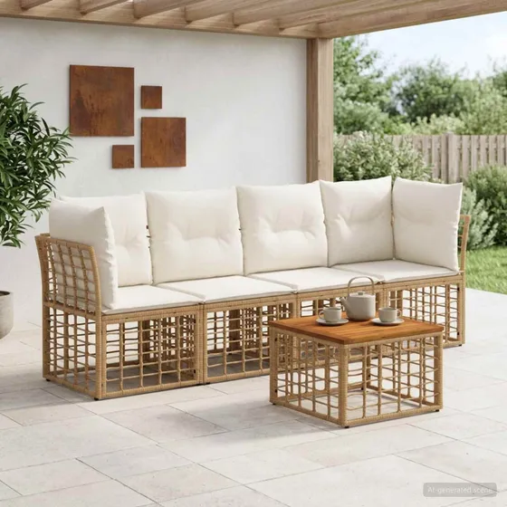 vidaXL Udendørs sofagruppe 5 stk. i polyrattan, Naturlig/Cremehvid