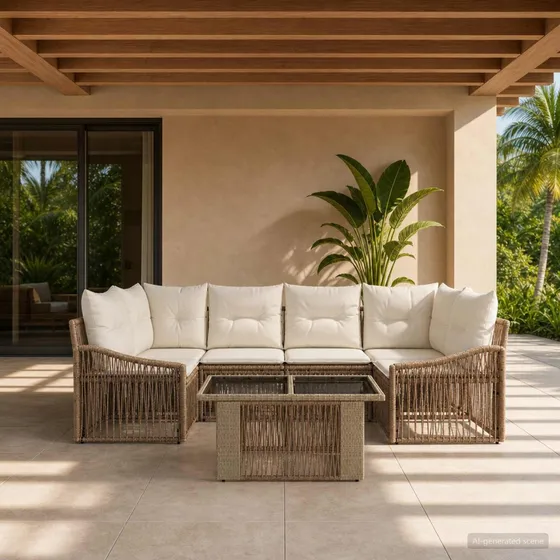 vidaXL Havesofasæt 7 dele i beige og cremehvid polyrattan