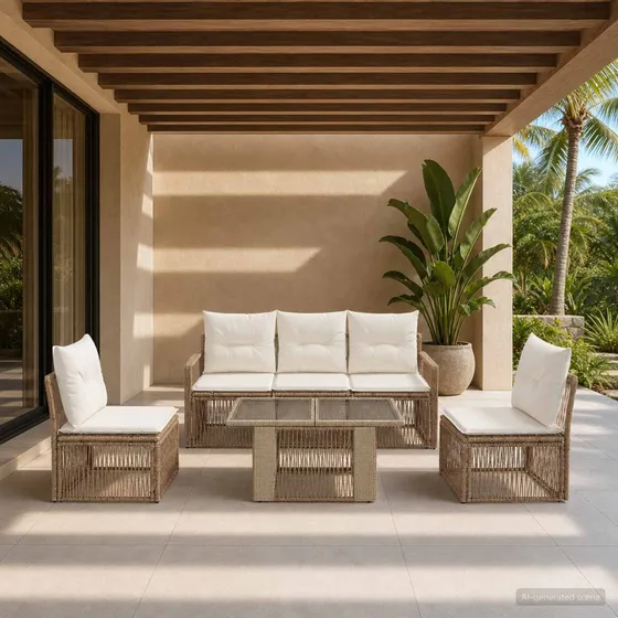 vidaXL Havesofasæt 6 dele i polyrattan - Beige og cremehvid