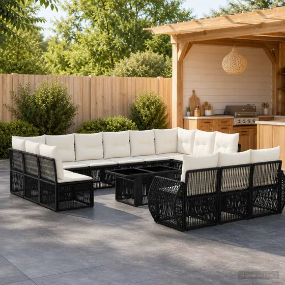 vidaXL Havesofa Sæt 14 stk. Sort og Cremehvid Polyrattan
