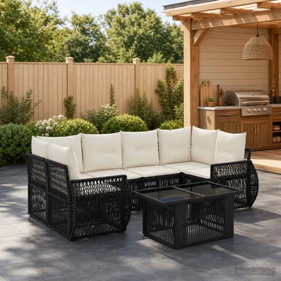 vidaXL Havesofasæt 7 dele i polyrattan - Sort/Cremehvid