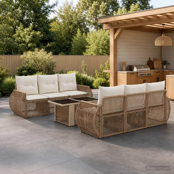 vidaXL Havesofa Sæt 7 stk. Beige og cremehvid polyrattan
