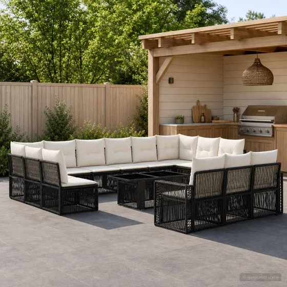 vidaXL Havesofa Sæt 14 stk. Sort og Cremehvid Polyrattan