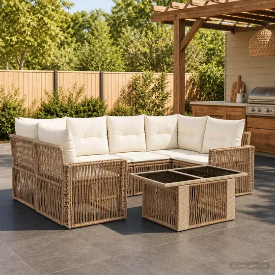 vidaXL Havesofasæt 7 dele i polyrattan, beige og cremehvid