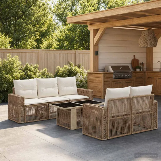 vidaXL Havesofasæt 6 dele i polyrattan, beige og cremehvid