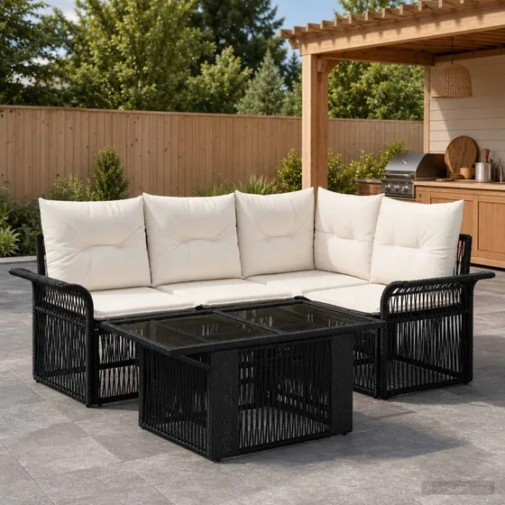 vidaXL Havesofasæt 5 dele i polyrattan - Sort og Cremehvid