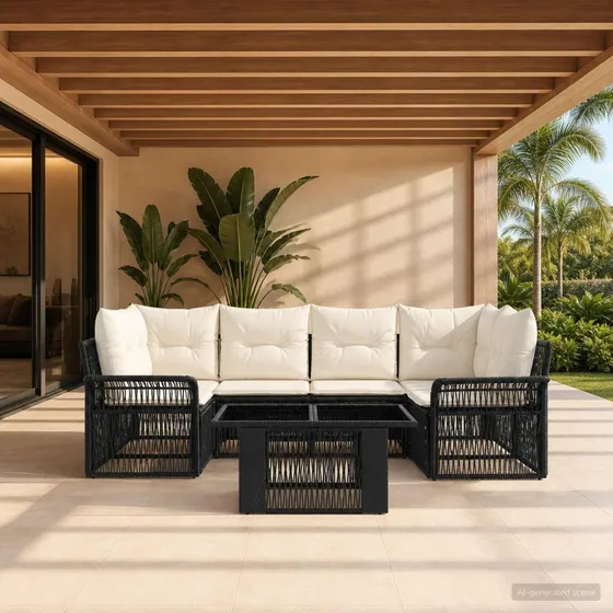 vidaXL Havesofasæt 7 stk. i sort polyrattan og creme hvid