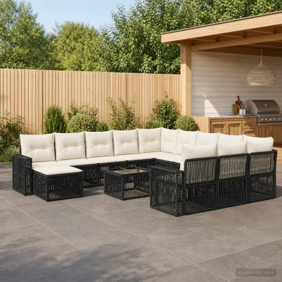 vidaXL Havesofasæt 13 dele i polyrattan, sort og cremehvid