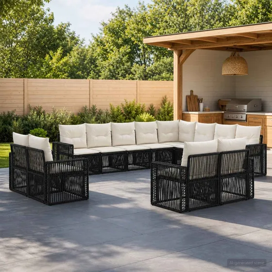 vidaXL Havesofasæt 12 pers. i polyrattan - Sort og Cremehvid