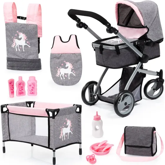 Bayer Milano Dukkevognsæt - Pink/Grå (inkl. seng & tilbehør)