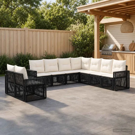 vidaXL Havesofasæt 9 stk. i sort polyrattan med cremehynder