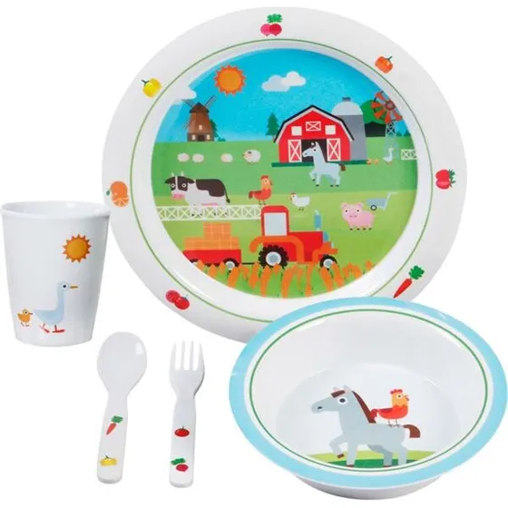 Børneservice med bondegårdsmotiv – 5 dele (melamin, antislip)
