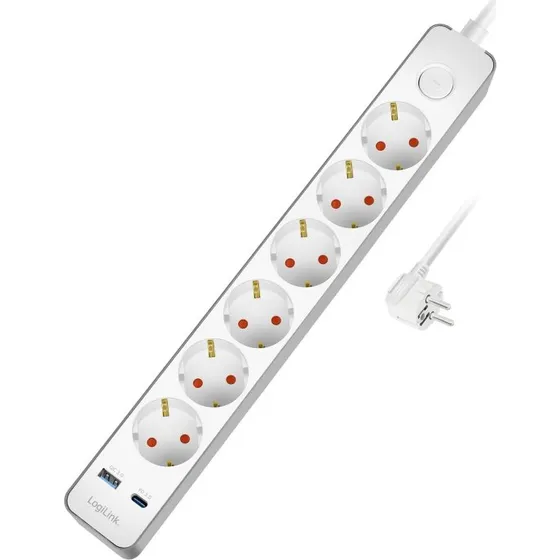 LogiLink Strømskinne 6-vejs med USB-C PD 20W, 1,4m, Hvid