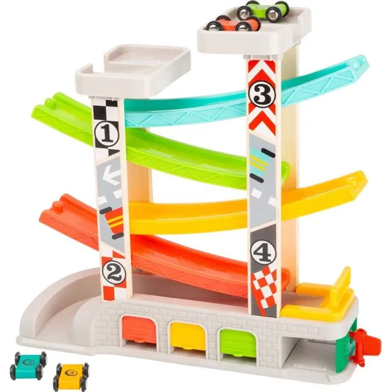 Trbilbane med garage og 4 farverige biler