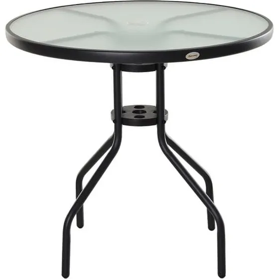 Outsunny Altanbord Ø80 cm med hærdet glas og parasolhul, sort