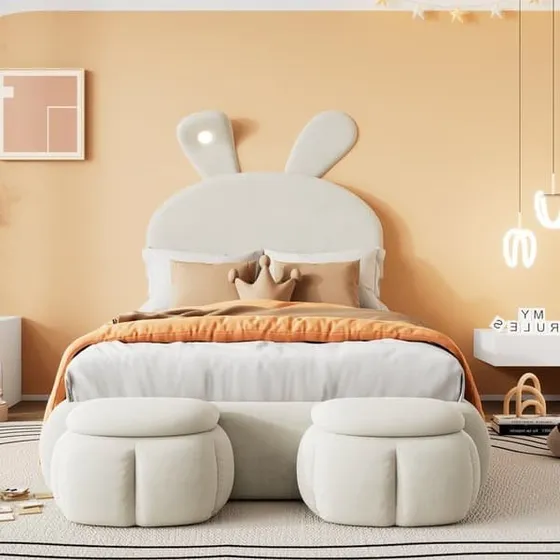 Børneseng 90x200 cm med kaninører, LED-lys og opbevaring – Beige
