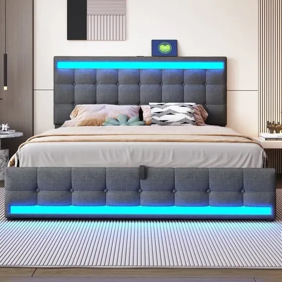 Polstret seng 180x200 cm med USB, LED og opbevaring - Grå