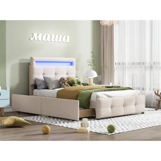 Polstret enkeltseng 90x200 cm med LED-lys og 2 skuffer