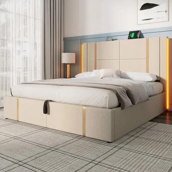 Sengeboks 180x200 cm i beige hør med LED og USB-opladning