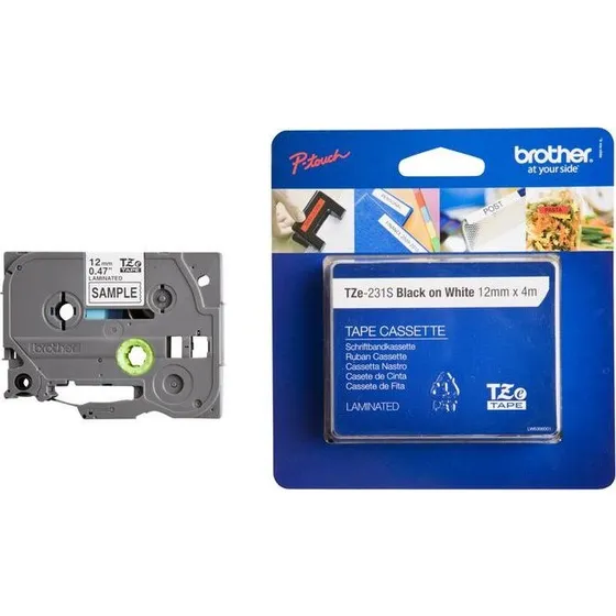 Brother TZe-231 12mm x 4m lamineret sort/hvid tape