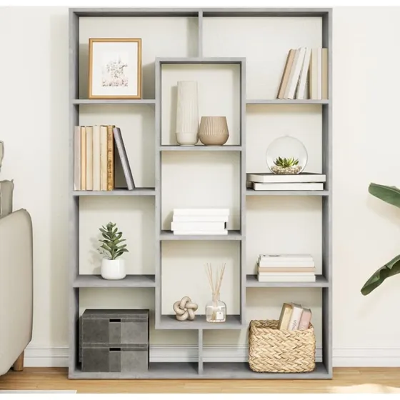 Bogreol i konstrueret træ 102x29x143 cm – betongrå