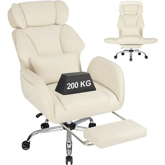HOFFREE Ergonomisk Kontorstol med Fodstøtte - Beige Chenille