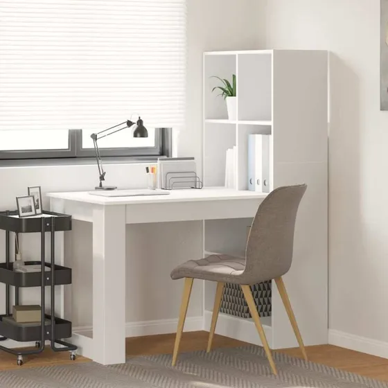 Skrivebord med hylde 122x67x145 cm - Hvid konstrueret træ