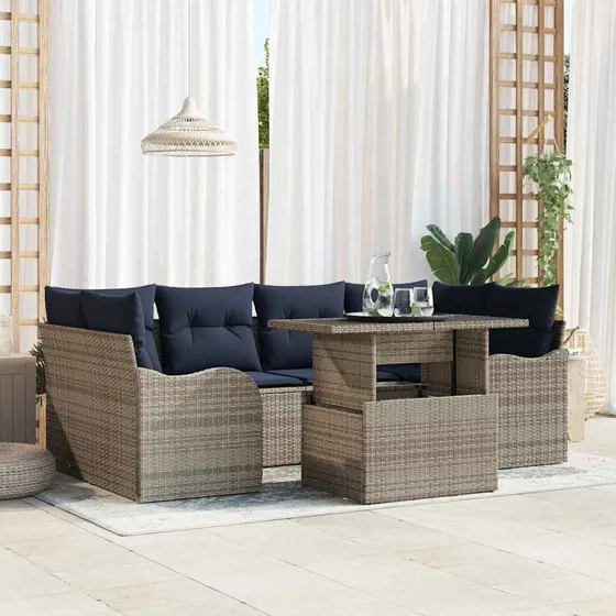 vidaXL Havesofa Sæt 7 dele - Grå og Marineblå Polyrattan